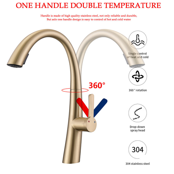 Elegant Single Handle Stainless Steel Pull Out Kitchen Faucet With High Arch Spout