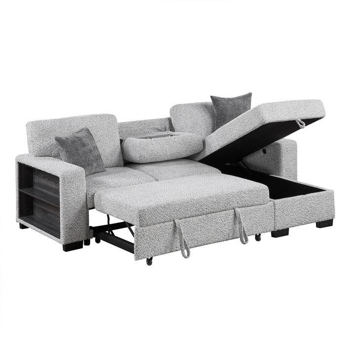 Buzz - Reversible Sleeper Sectional Sofa With Storage Chaise, Console Arm, USB Charging & Cup Holders - Gray