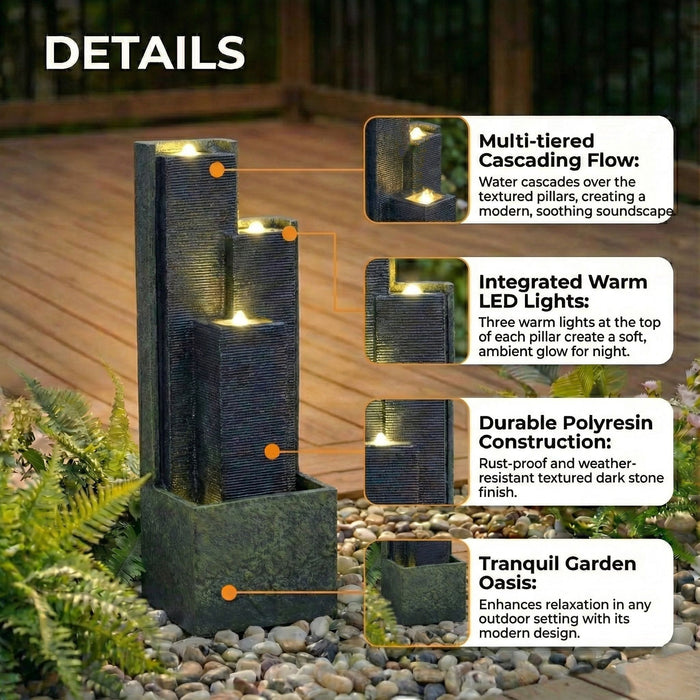 3 Tier Waterfall Fountain With LED Lights - Gray