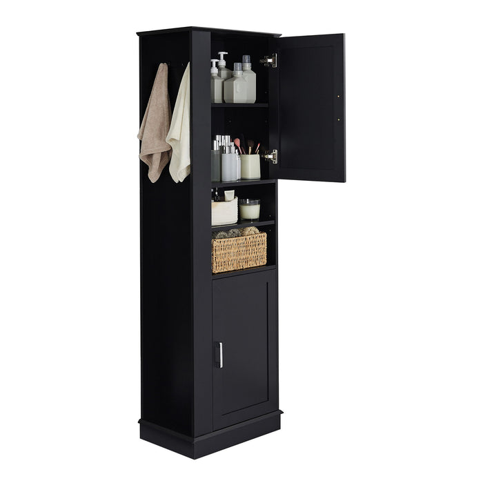 Tall Freestanding Bathroom Storage Cabinet With Adjustable Shelves And Side Hooks Board, Rectangle Design