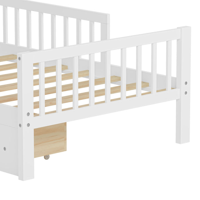 Bed With Headboard Storage Rack, 2 Under Bed Drawers, 3 Side Guardrails For Safety