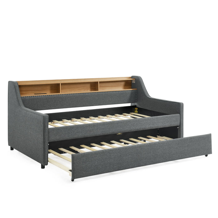 Upholstered Sofa Bed With LED Lights, Storage Headboard, Foldable Trundle & Wireless Charging