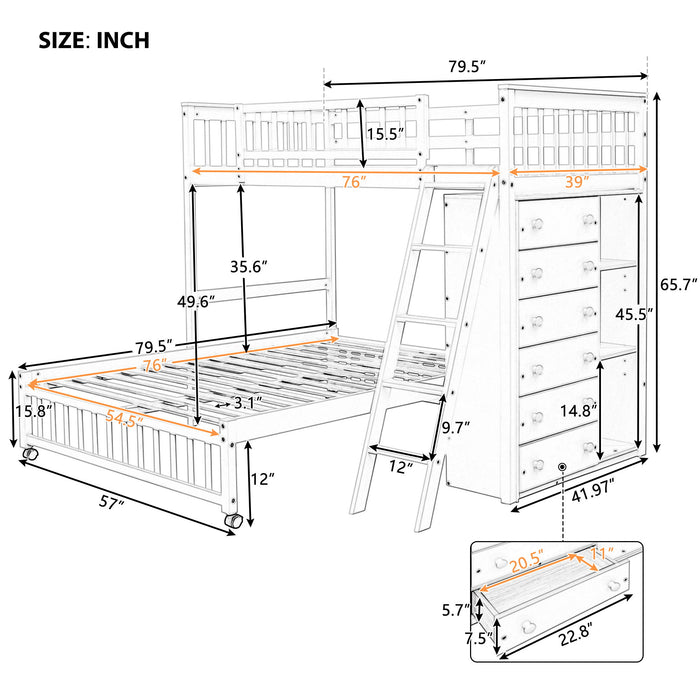 Bunk Bed With 6 Drawers And Flexible Shelves, Bottom Bed With Wheels