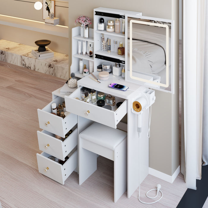 Cabinet Vanity Table & Cushioned Stool, USB Power Station, Hair Dryer Bracket - White