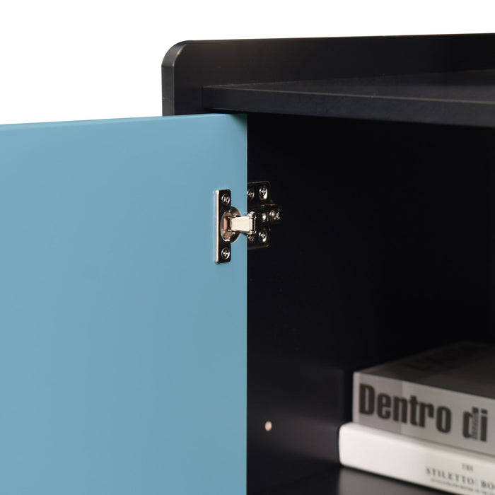 Modern Sideboard Buffet Cabinet With Red Doors And Unique Panel Styling