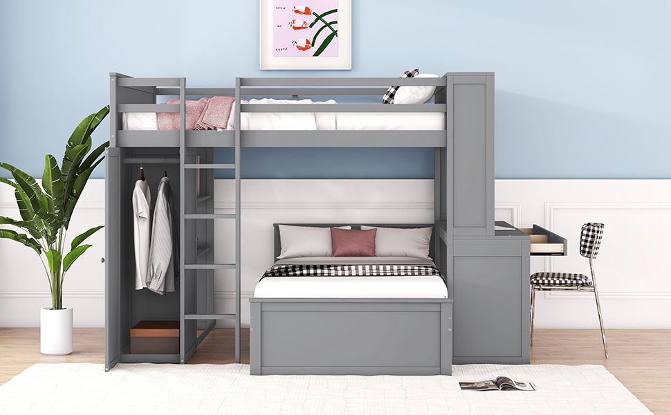 Loft Bed With A Twin Size Standalone Bed, Shelves, Desk, And Wardrobe