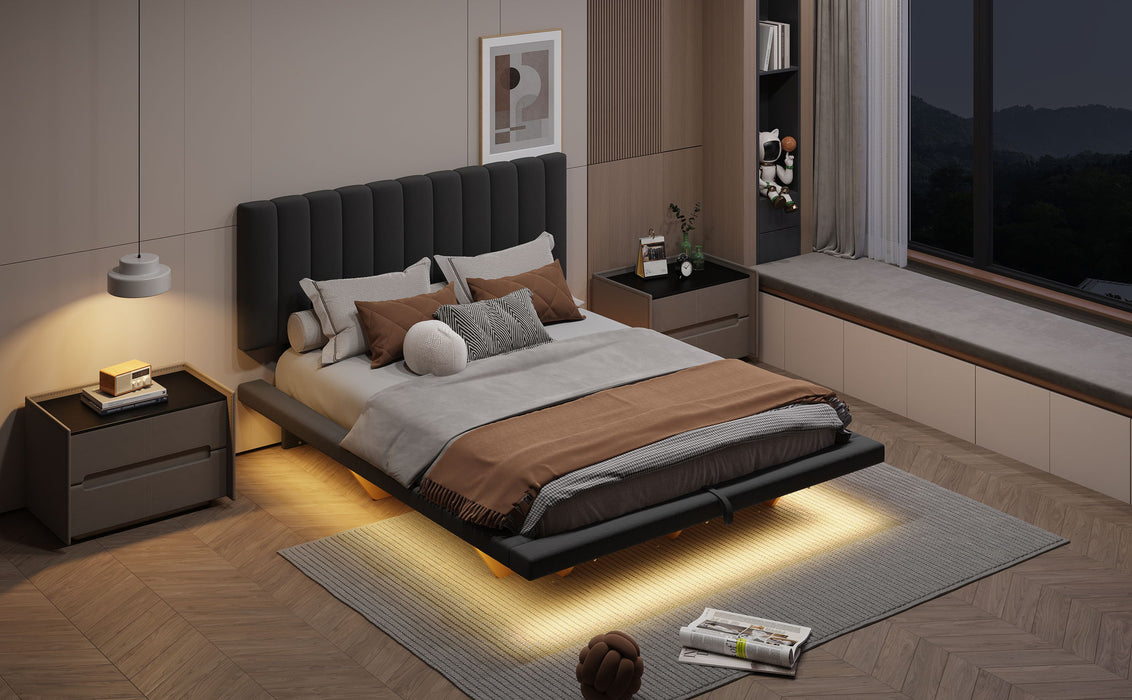 Upholstered Floating Hydrualic Platform Bed With LED Light And USB Port
