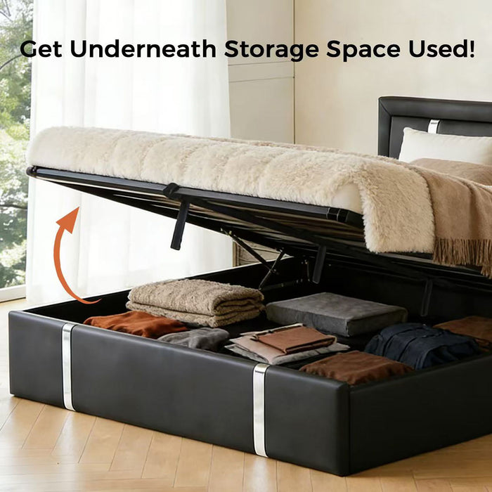 Upholstered Platform Bed Frame With Adjustable LED Headboard, USB C-Charging, Hydraulic Lift