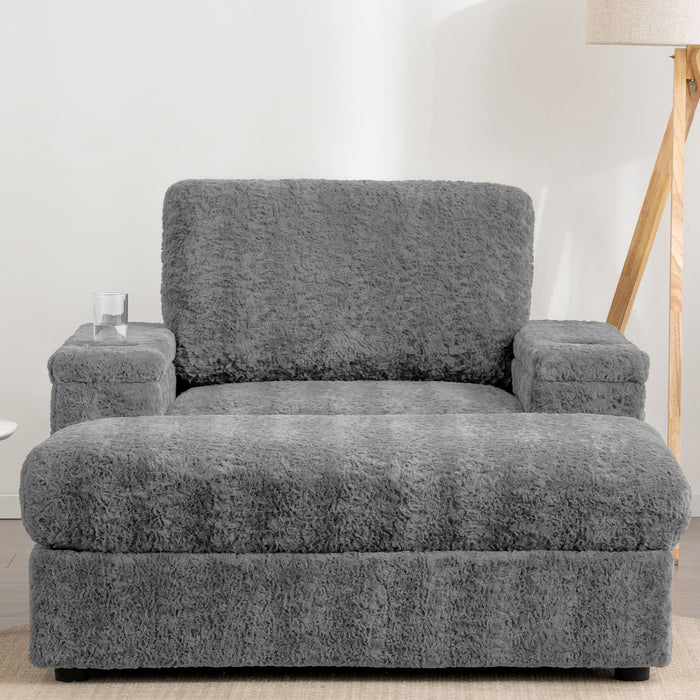 Oversized Chaise Lounge Indoor Rabbit Fur Sofa Bed With Storage Ottoman And Armrests Cup Holders With Deep Seat