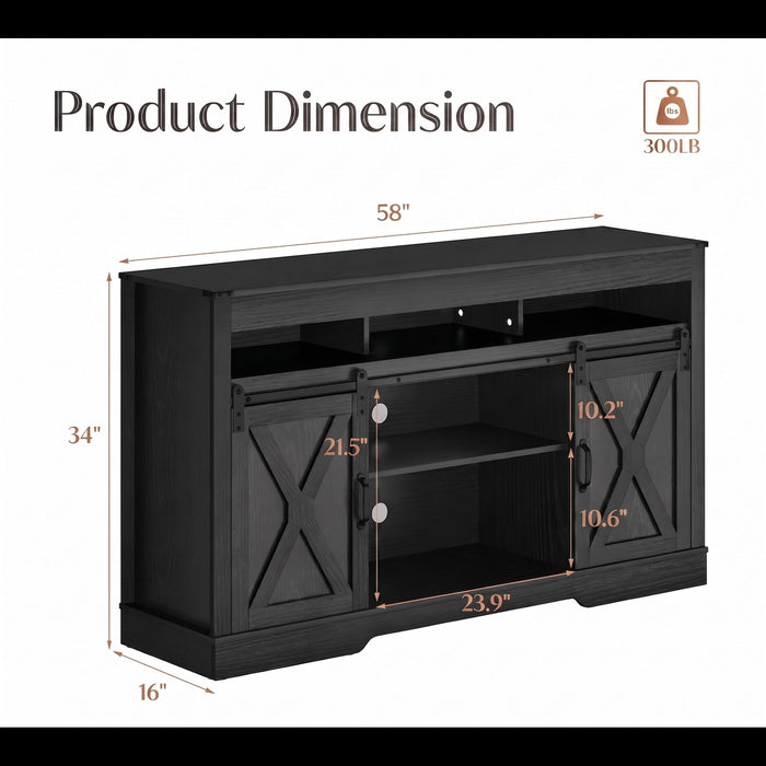 Farmhouse TV Stand With Sliding Barn Doors & Adjustable Storage
