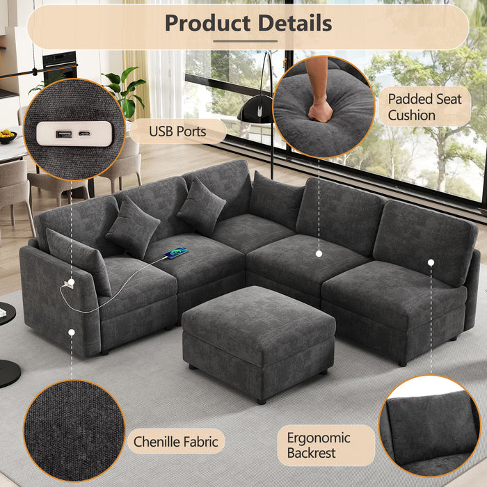 Sectional Sofa Modular U-Shaped With Ottoman & USB Ports