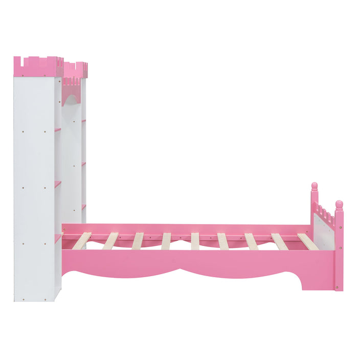 Castle Shaped Bed With Storage Shelf, Dreamy Platform Bed For Kids Bedroom