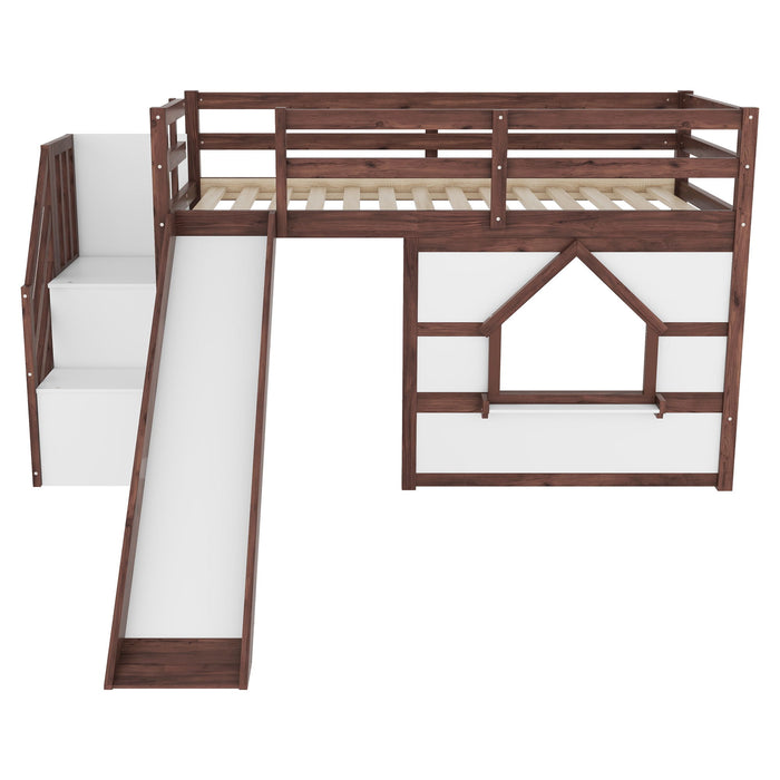 Loft Bed With Storage Stairs, Slide, Playhouse Window And 7 Colors LED Lights