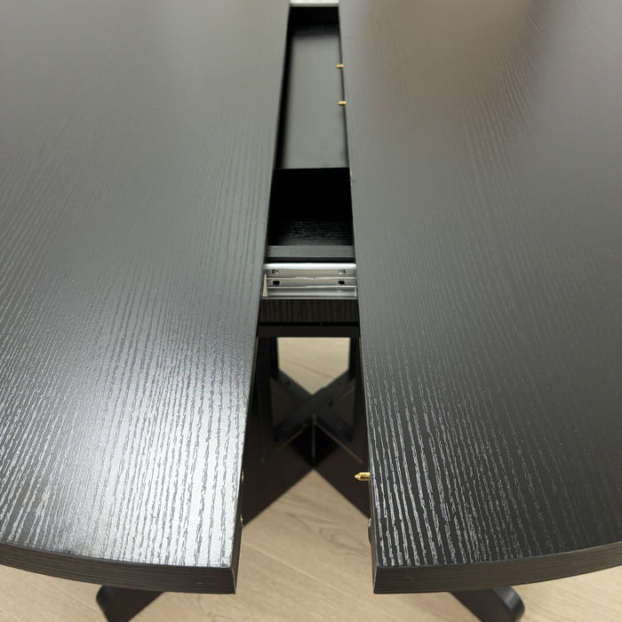 Dining Table For Farmhouse Kitchen Expandable Oval Table Top With Removable Leaf Trestle X Shaped Base - Black