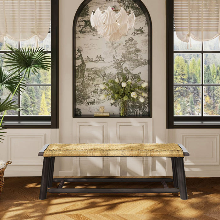 Farmhouse Modern Solid Wood Rattan Bench Multi Functional Design 59" Indoor & Covered Outdoor Bench - Walnut