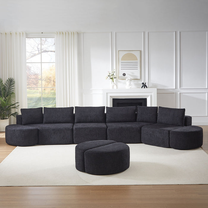 Modular Sectional Sofa With 6 Pillows And 4 Curved Footstools For Living Rooms - Black