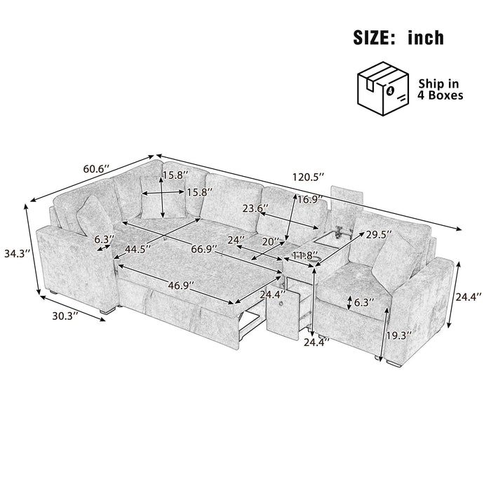 Contemporary L Shaped Convertible Sofa Bed With Pull Out Bed, Cup Holders, And Storage