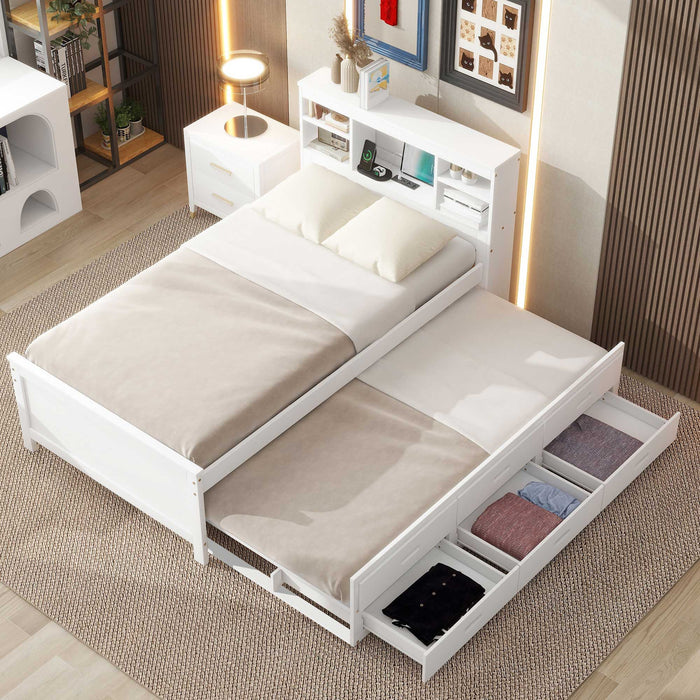 Platform Bed With Storage Headboard, USB, Trundle And 3 Drawers