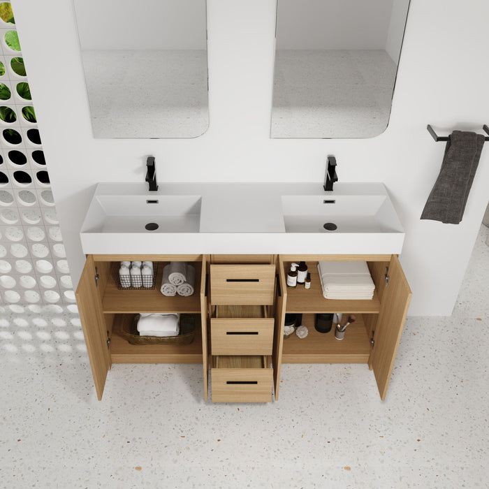 Double Sink Bathroom Vanity With 3 Drawers, Large Storage, Integrated Sink, Freestanding Cabinet, Soft Close Hardware - Glossy White / Light Oak