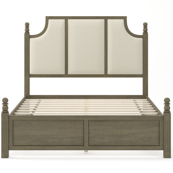 Farmhouse Platform Bed Frame With Tall Linen Upholstered Headboard