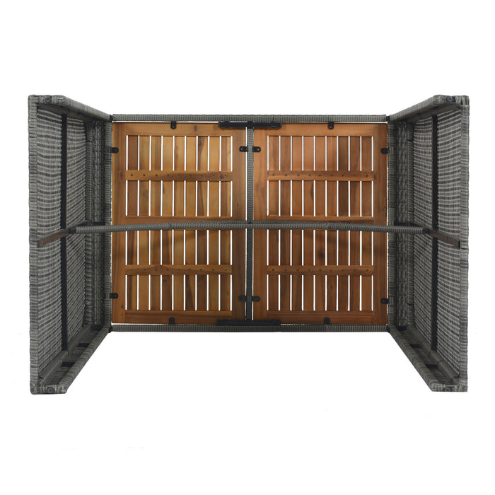 5 Pieces Outdoor Patio Wicker Bar Set, Bar Height Chairs With Non-Slip Feet And Fixed Rope, Removable Cushion, Acacia Wood Table Top - Brown / Gray