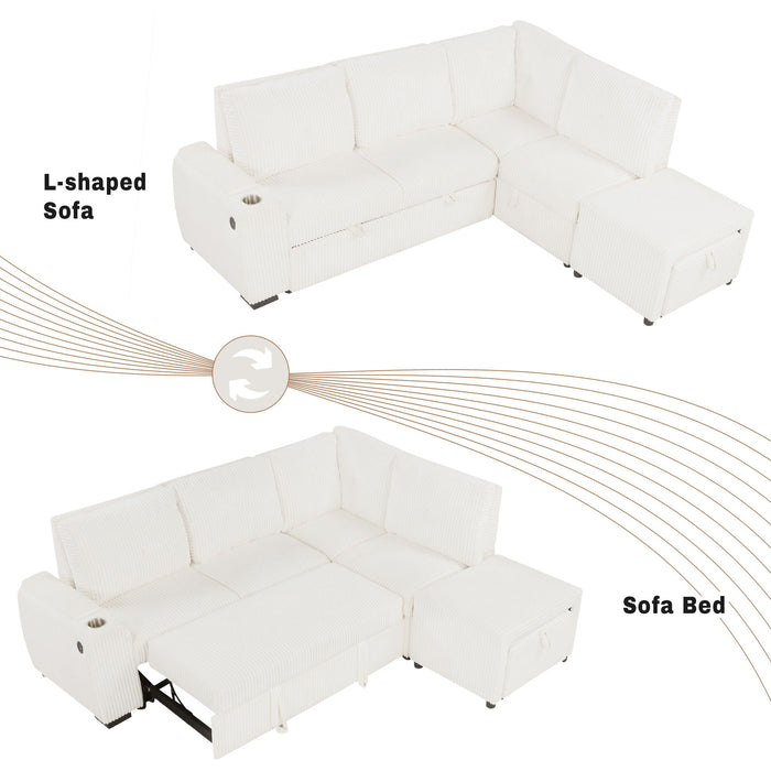 Pull-Out L-Shaped Sectional Sofa With Movable Ottoman And Stool, Large Storage Space, A Cup Holder, And 2 USB Ports For Living Room