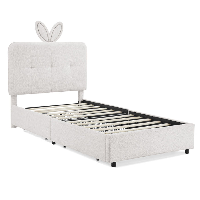 Upholstered Bed With Oversized Rabbit Ear Headboard, LED Lights & 4 Storage Drawers