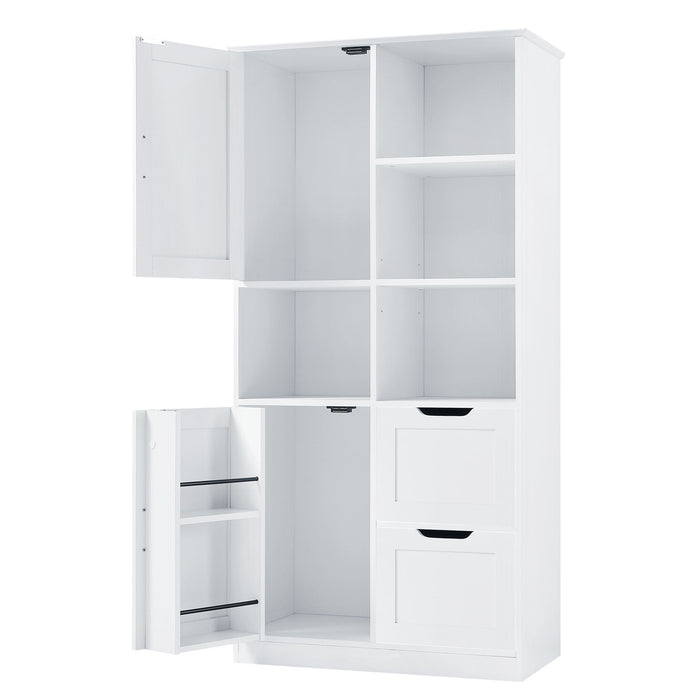 Freestanding Bathroom Storage Cabinet With Doors And Drawers, Adjustable Shelf, Open Shelves - White