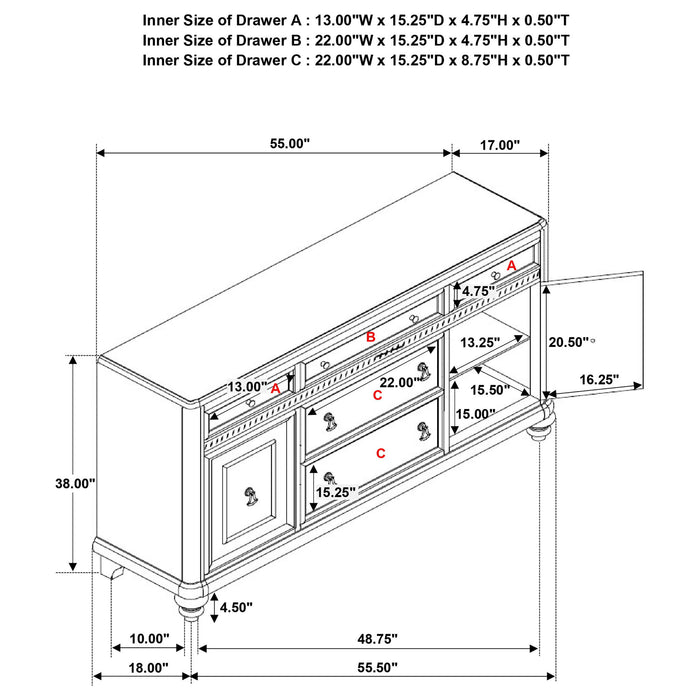 Mendelsohn - 5 Drawer Server With 2 Doors - Silver