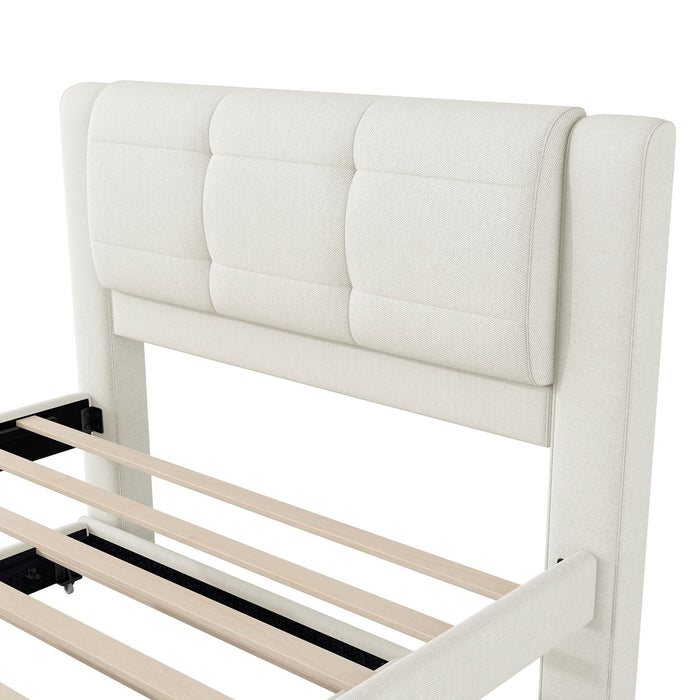 Full Size Upholstered Platform Bed With Adjustable Trundle - Beige