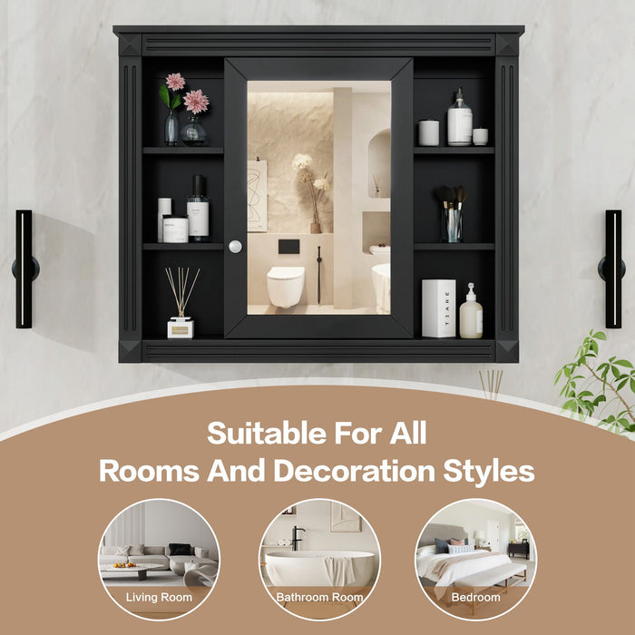 Wall-Mounted Bathroom Storage Cabinet With Mirror, 6 Open Shelves - Black