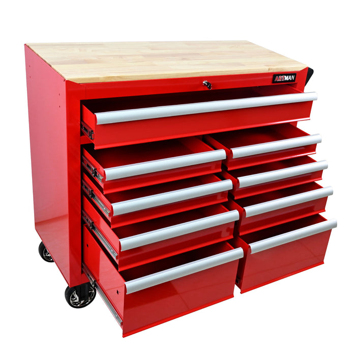 9 Drawer Multifunctional Steel Tool Cart With Wheels And Wooden Top