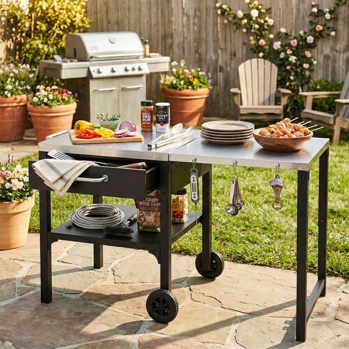 Foldable Outdoor Kitchen Cart With Storage For Patio