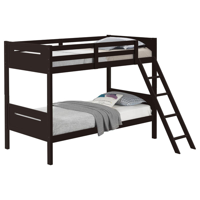 Twin Over Twin Bunk Bed With Angled Ladder And Guardrails - Brown