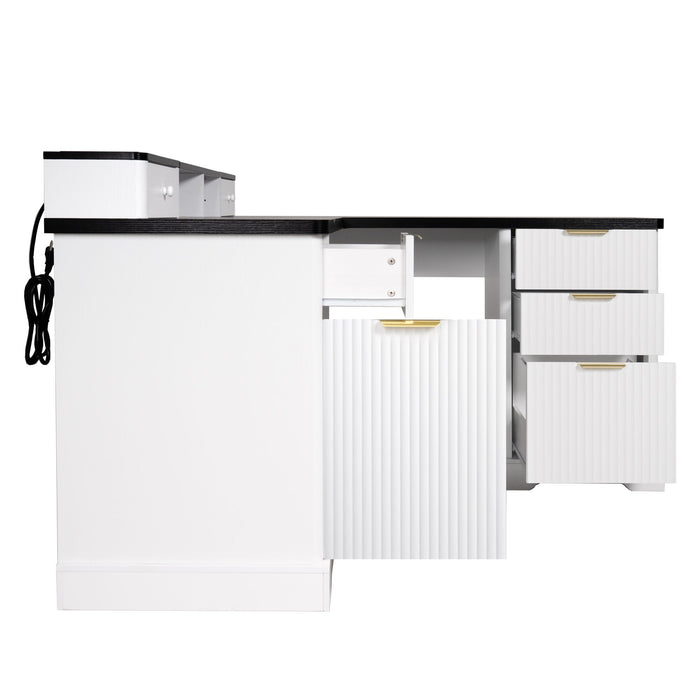 Fluted L-Shaped Desk With Charging Station & Storage Cabinet