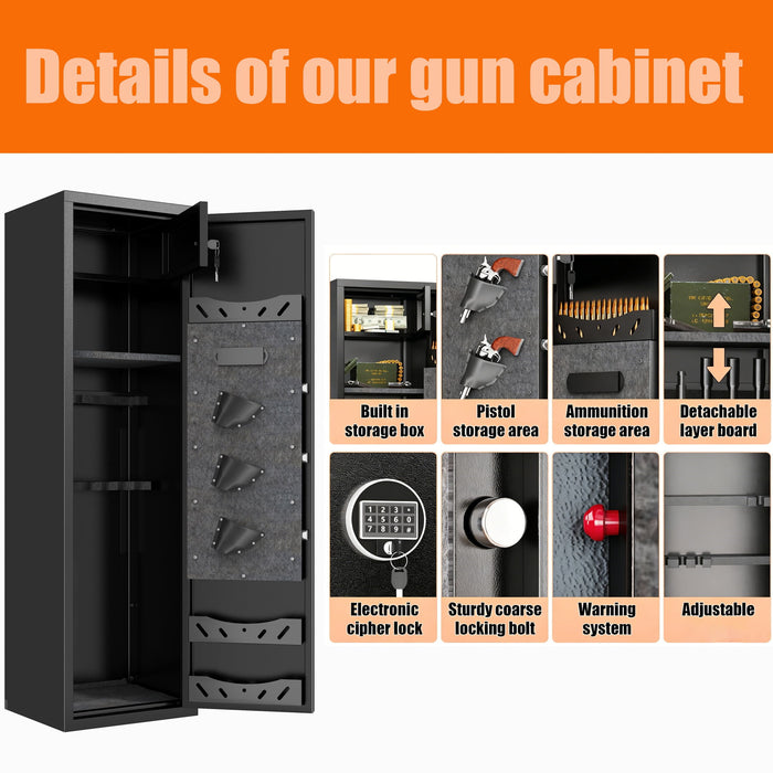 High Large Capacity Mechanical Gun Safe For Rifles & Handguns, Digital Password Lock, Built In Independent Lock Box, Adjustable Shelves - Black