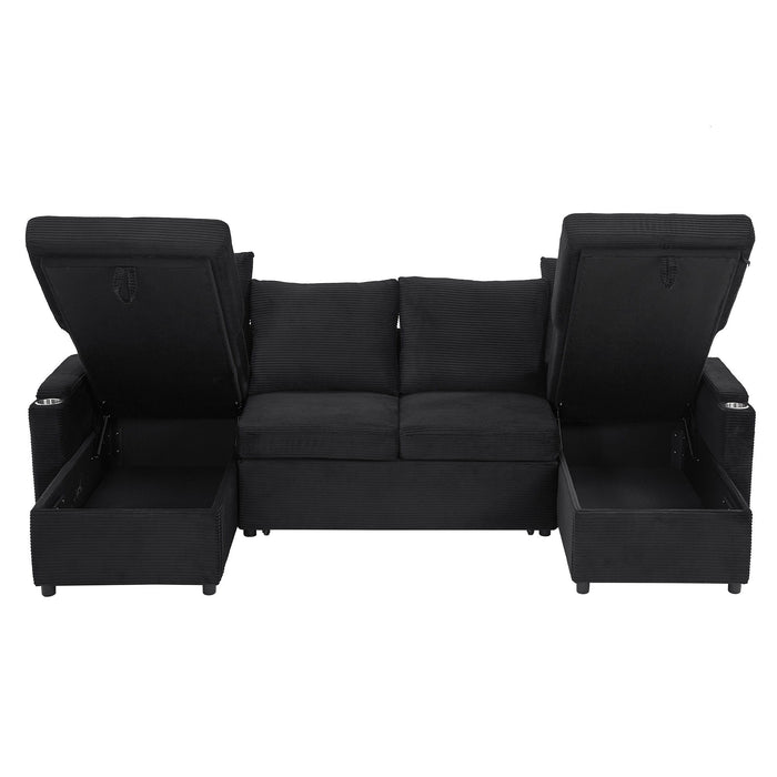 U Shaped Sectional Sofa Bed With Storage Chaise Lounges, USB Ports, And Cup Holders