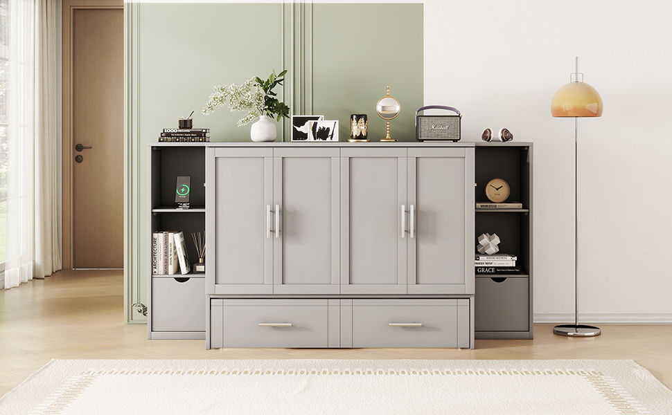 Murphy Bed With Shelves, Drawers And USB Ports