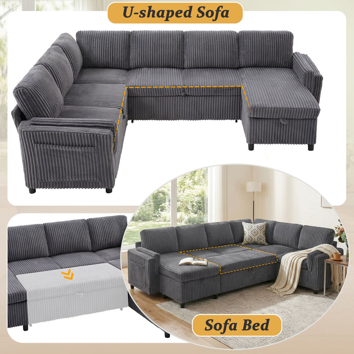 Convertible U-Shaped Sectional Sofa Bed With USB Ports And Storage