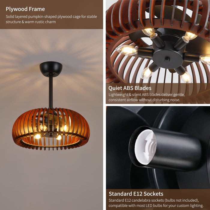 Pumpkin Ceiling Fan, Fandelier With 6 E12 Sockets, Reversible DC Motor, Adjustable Hanging, 6 Speeds Remote Control - Black