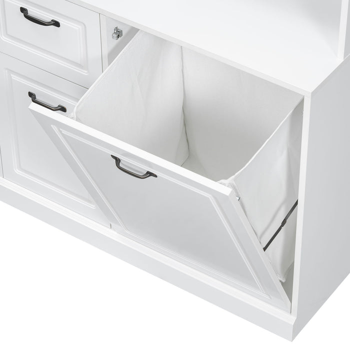 Bathroom Storage Cabinet With Tilt Out Hamper, Tall Free Standing Organizer With Drawers & Adjustable Shelves, Linen Tower With Steel Handles - White