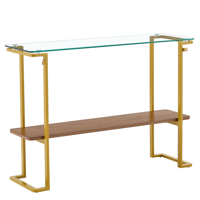 Console Table With Shelf, 2 Tier Living Room - Gold / Walnut