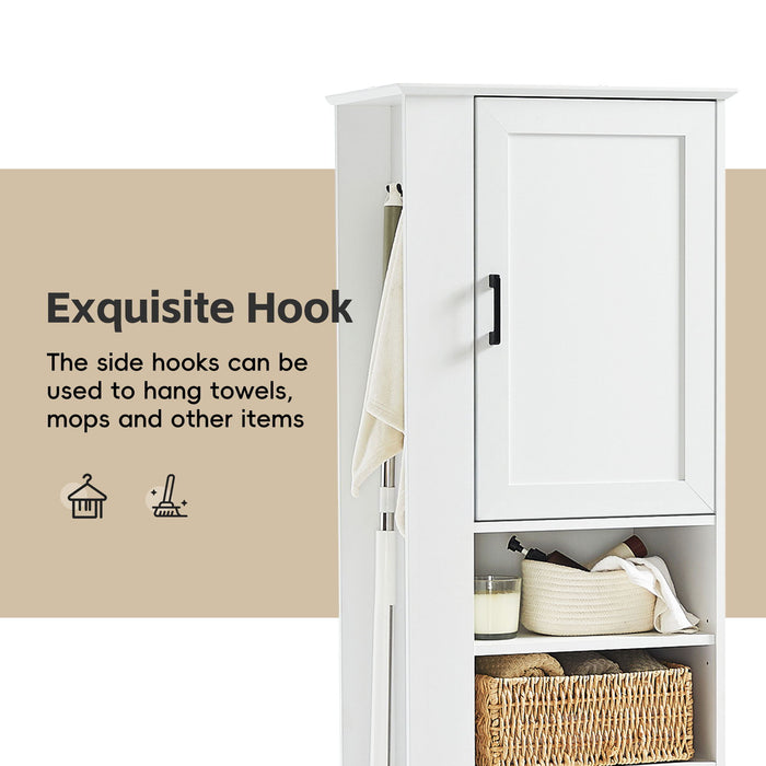 Tall Freestanding Bathroom Storage Cabinet With Adjustable Shelves And Side Hooks Board, Rectangle Design