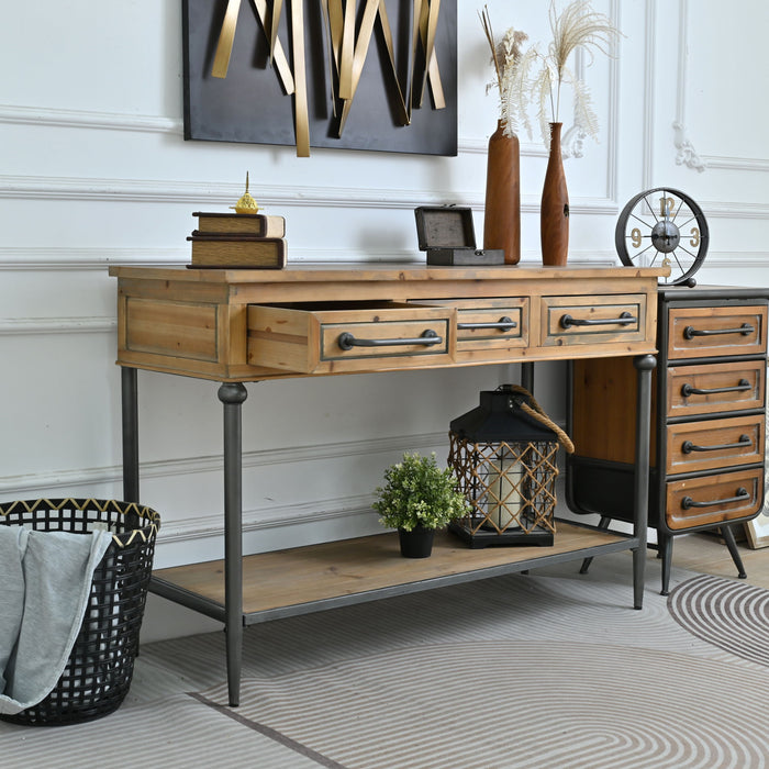 Accent Storage Console Table With Open Shelf And 3 Drawers For Living Room - Natural Wood / Brown