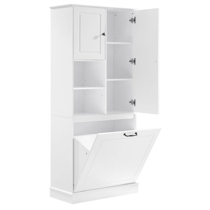Modern Tall Storage Cabinet With Adjustable Shelves, Flip-Out Basket & Enclosed Doors