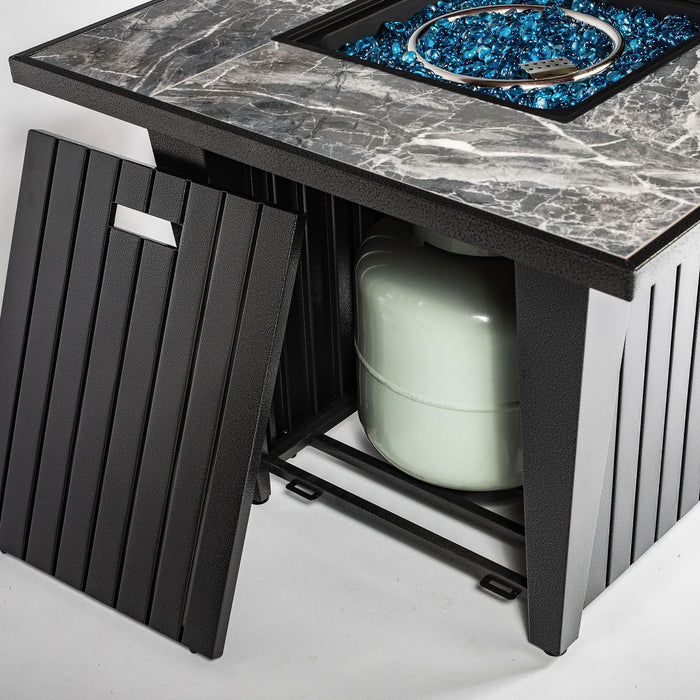 Morden Steel Fire Pit Table With Marble Tile Tabletop, Glass Wind Guard And Lid