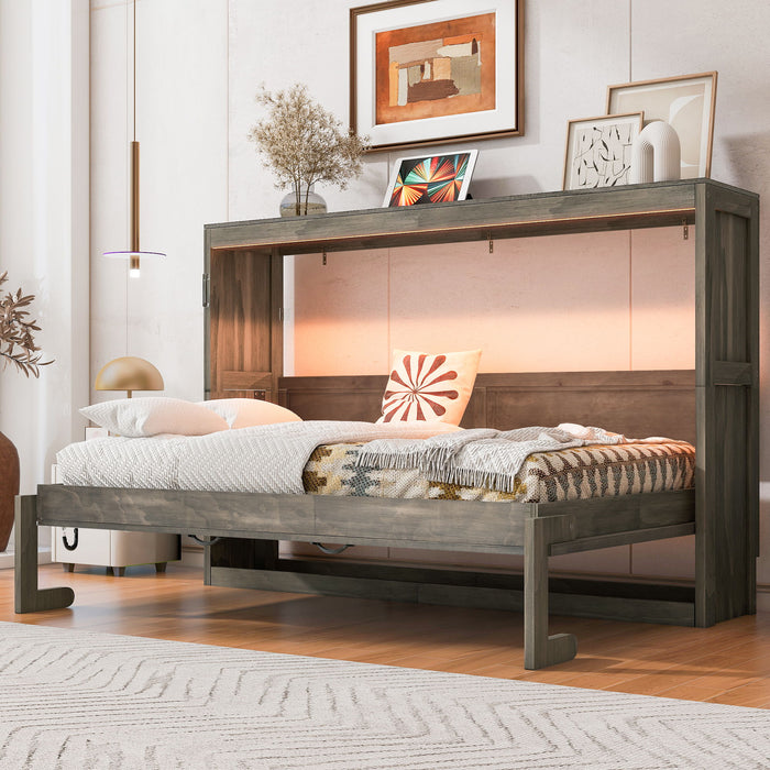 Murphy Bed With LED Light, Foldable Wall Bed Cabinet