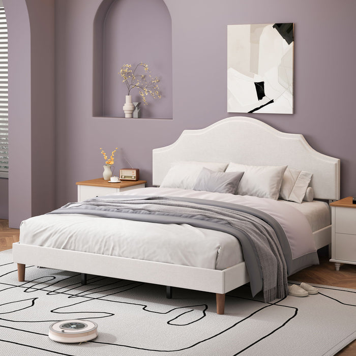King Size, Upholstered Platform Bed Frame With Adjustable Headboard, No Box Spring Needed - White