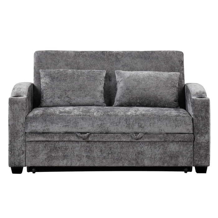 Pull Out Loveseat Sofa With Adjsutable Backrest, 2 Pillows, Cup Holders, USB Ports For Living Room