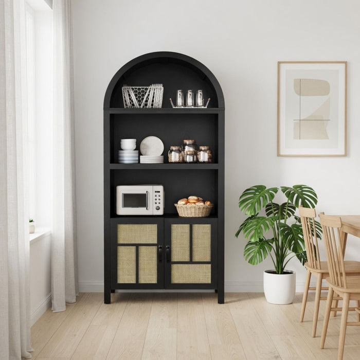 Arched Pantry Cabinet With Adjustable Storage & Doors - Black